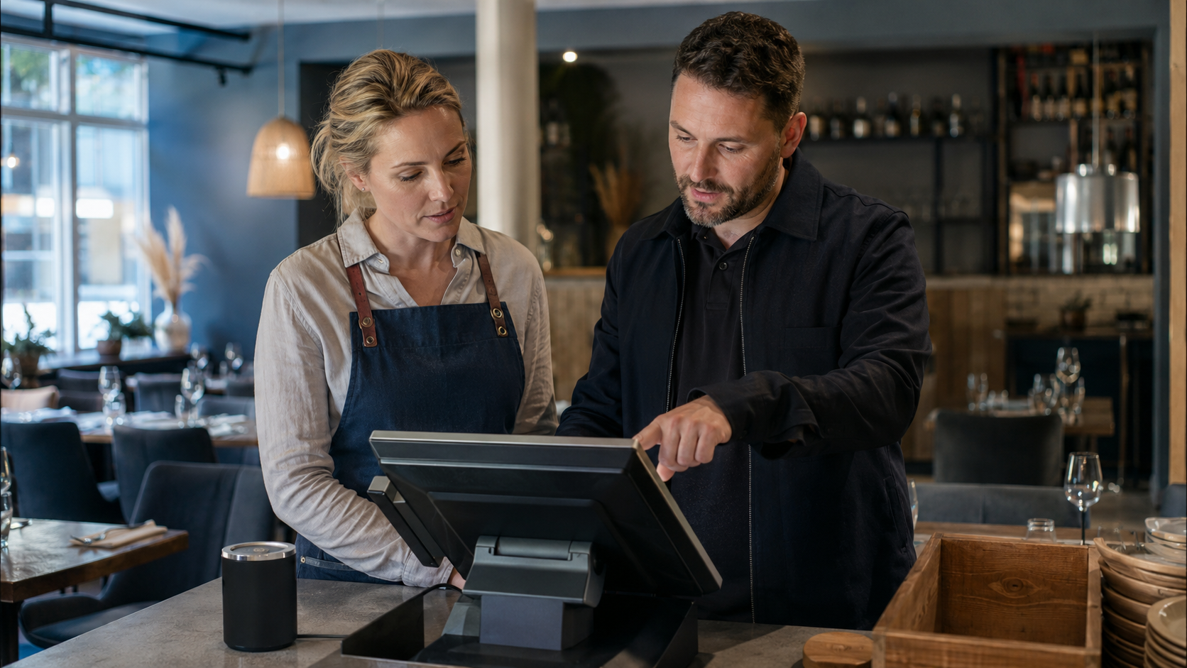 Gastronomin und IT-Techniker prüfen gemeinsam die Einstellungen eines modernen Kassensystems.