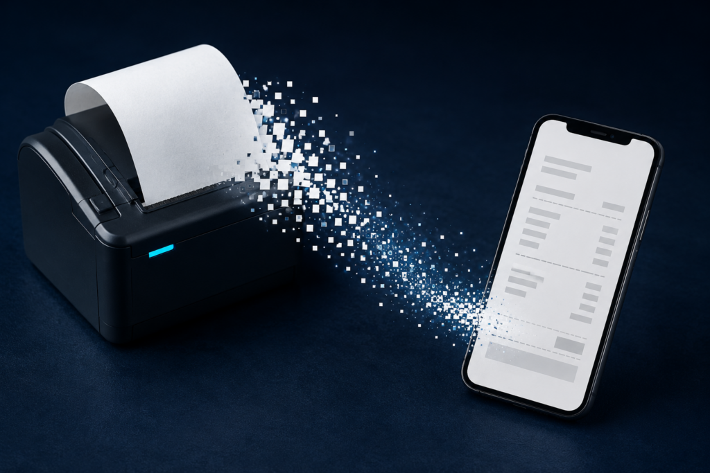 Ein Papierbon löst sich in digitale Elemente auf und wird auf einem Smartphone als elektronischer Kassenbon dargestellt.