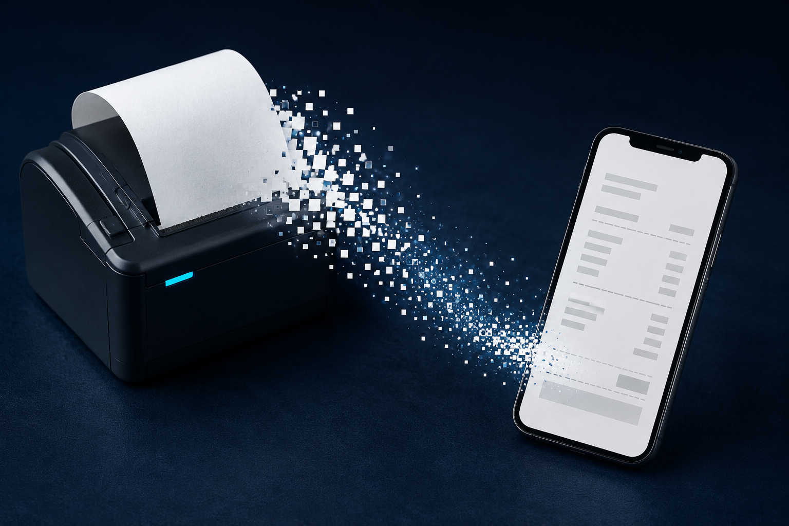 Ein Papierbon löst sich in digitale Elemente auf und wird auf einem Smartphone als elektronischer Kassenbon dargestellt.