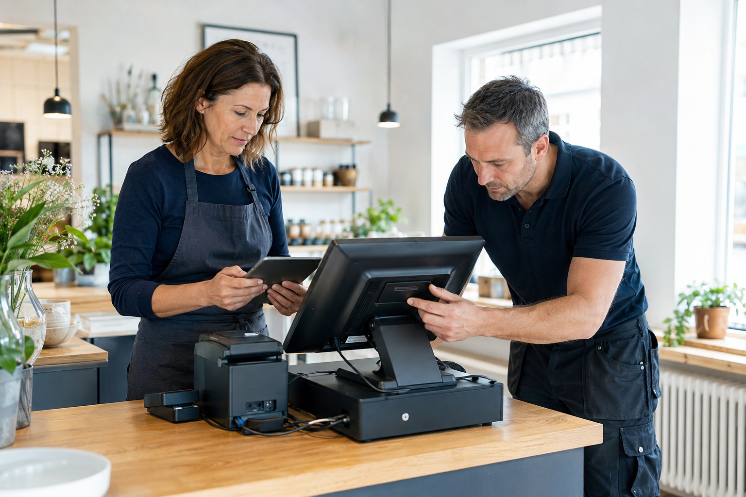 Geschäftsinhaberin und IT-Techniker dokumentieren die Gerätedaten eines neu installierten Kassensystems.