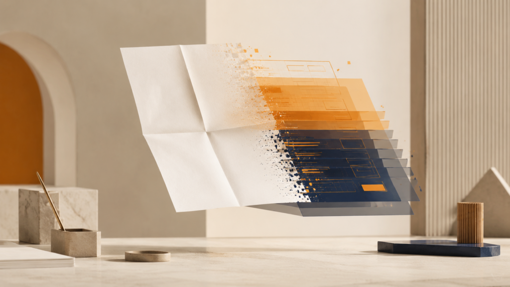 Eine Papierseite verwandelt sich in strukturierte orange und dunkelblaue Datenebenen.