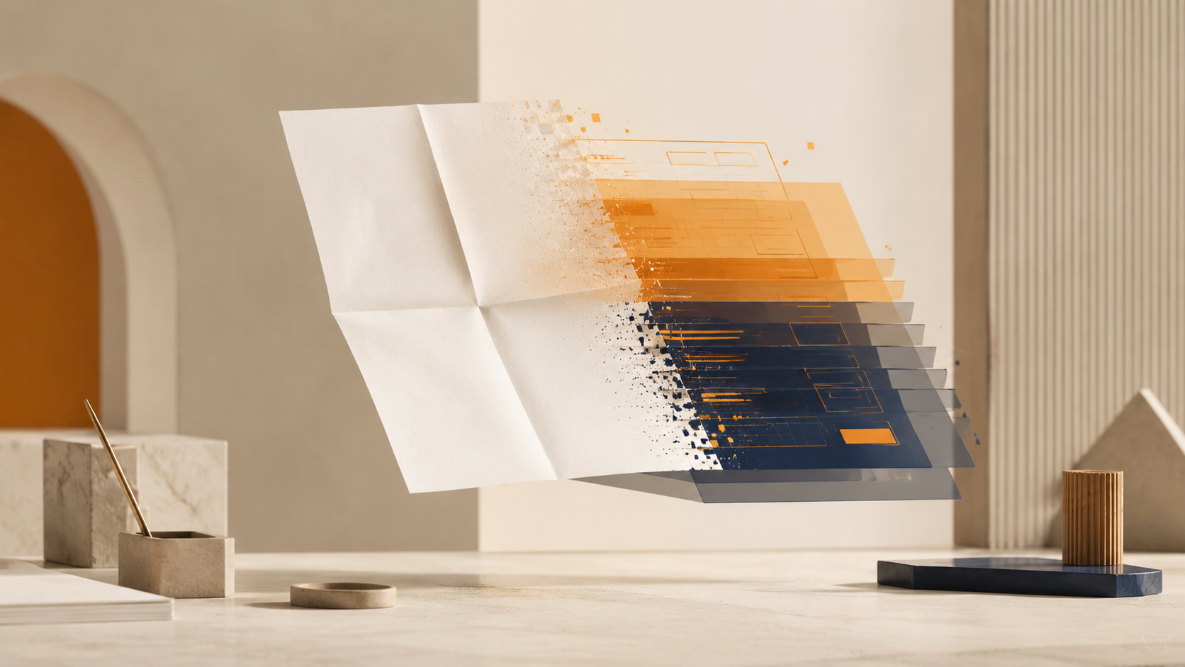 Eine Papierseite verwandelt sich in strukturierte orange und dunkelblaue Datenebenen.