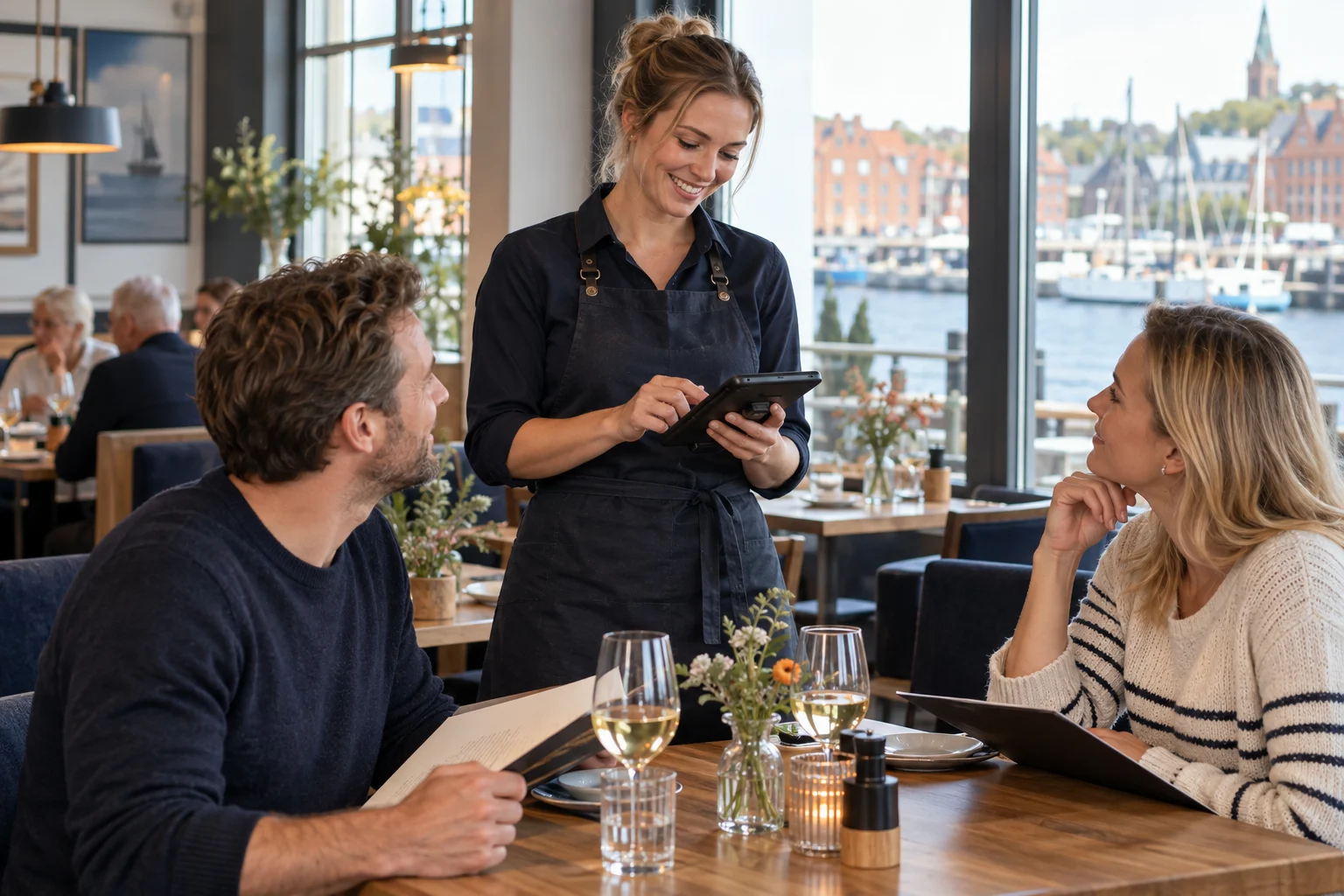 Servicekraft nimmt eine Bestellung am Tisch mit einem mobilen Gerät auf