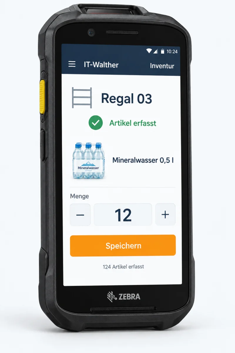 Illustratives Zebra-MDE-Mockup mit IT-Walther Inventursoftware