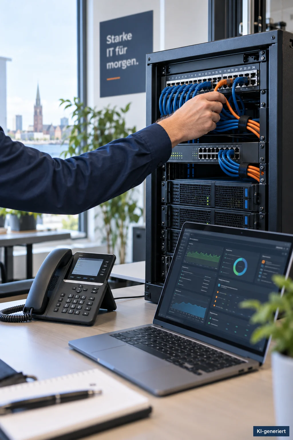 KI-generiertes Symbolbild: IT-Technik mit Netzwerk, Server, Notebook und Telefon