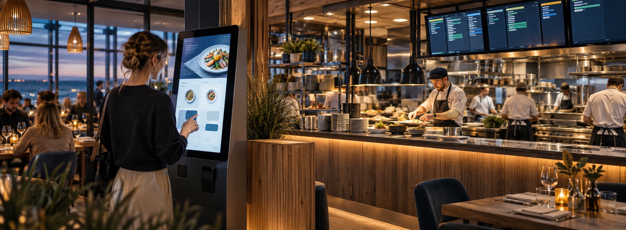 Self-Ordering-Kiosk in einer modernen Gastronomie mit digitalem Küchenablauf