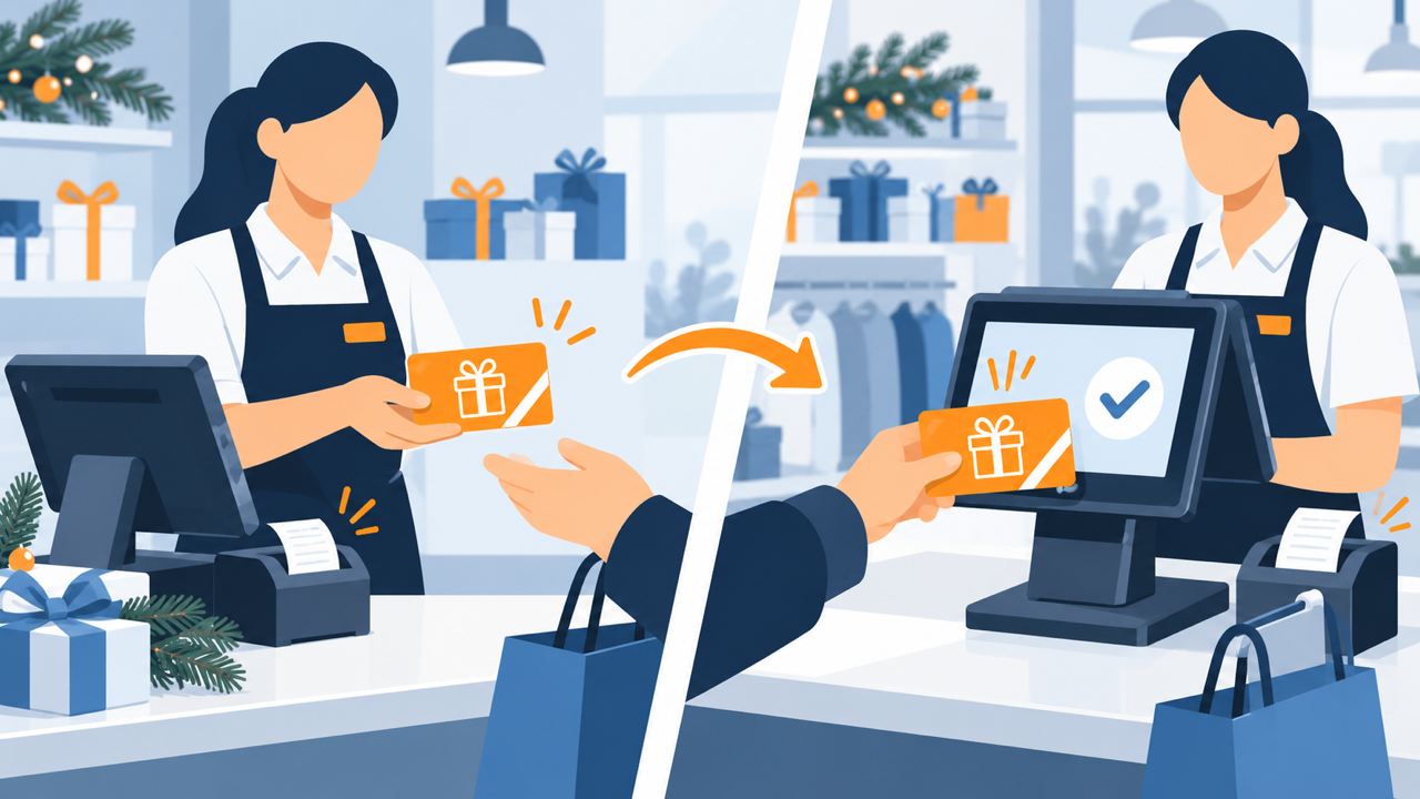 Stilisierte Illustration: Ein Geschenkgutschein wird an einer Ladenkasse verkauft und später an einem Kassensystem eingelöst.