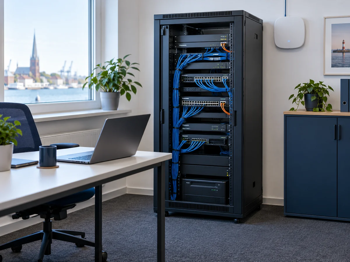 KI-generiertes Symbolbild: Netzwerk mit Serverrack, WLAN-Zugangspunkt und Büroarbeitsplatz