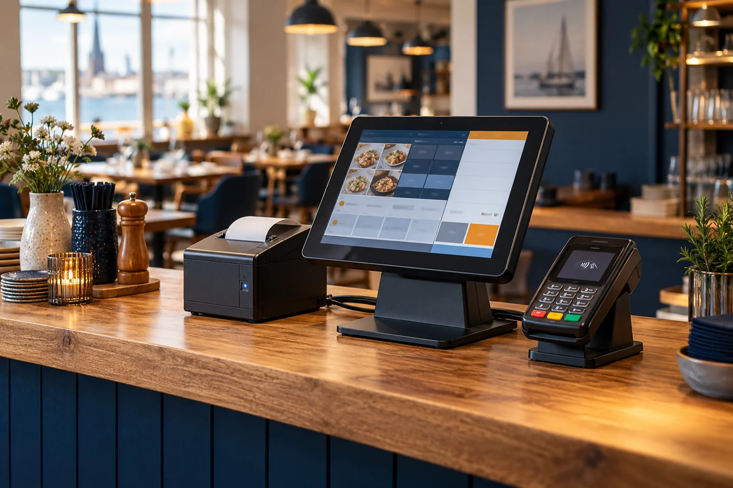 KI-generiertes Symbolbild: eingeschaltete Kasse, Bondrucker und Kartenterminal in einem Café