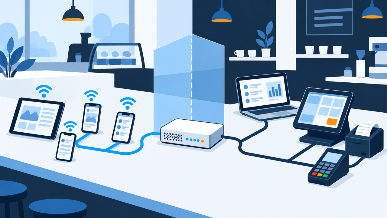 Grafische Illustration mit getrenntem Gäste-WLAN und geschütztem Netzwerk für Kasse, Kartenterminal, Bondrucker und Bürocomputer.