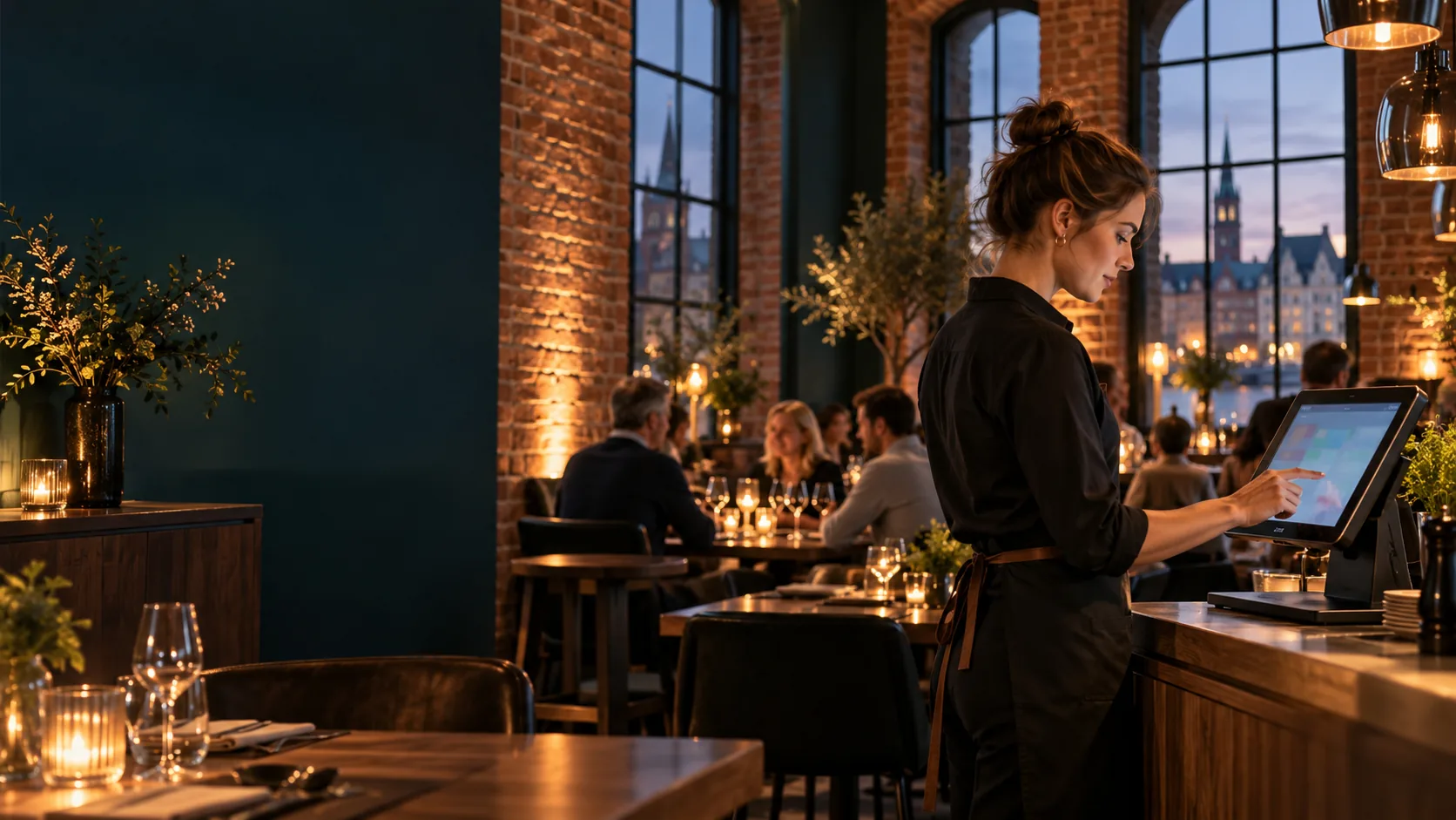 KI-generierte Illustration eines modernen Gastronomiebetriebs mit Kassensystem in Lübeck