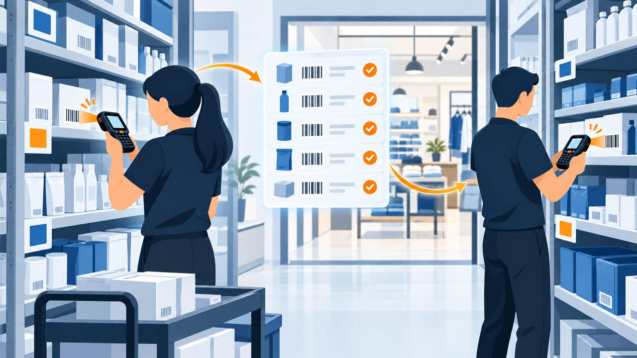 Stilisierte Illustration eines Einzelhandelslagers, in dem Mitarbeitende Waren mit mobilen MDE-Inventurscannern erfassen.