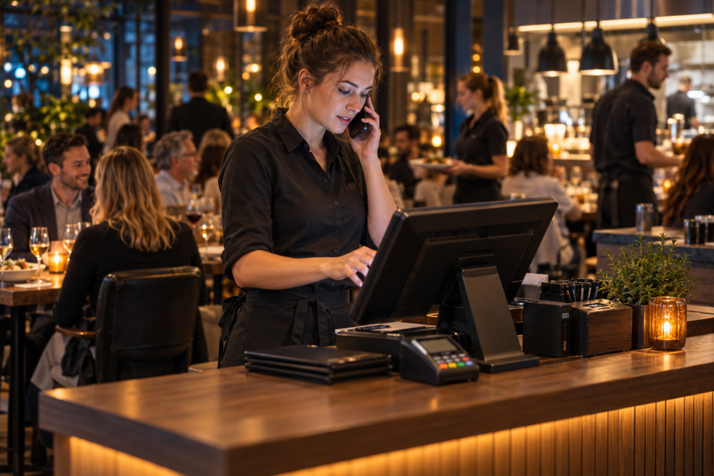 KI-generiertes Bild: Kellnerin erhält während eines lebhaften Restaurantbetriebs Unterstützung an der Kasse