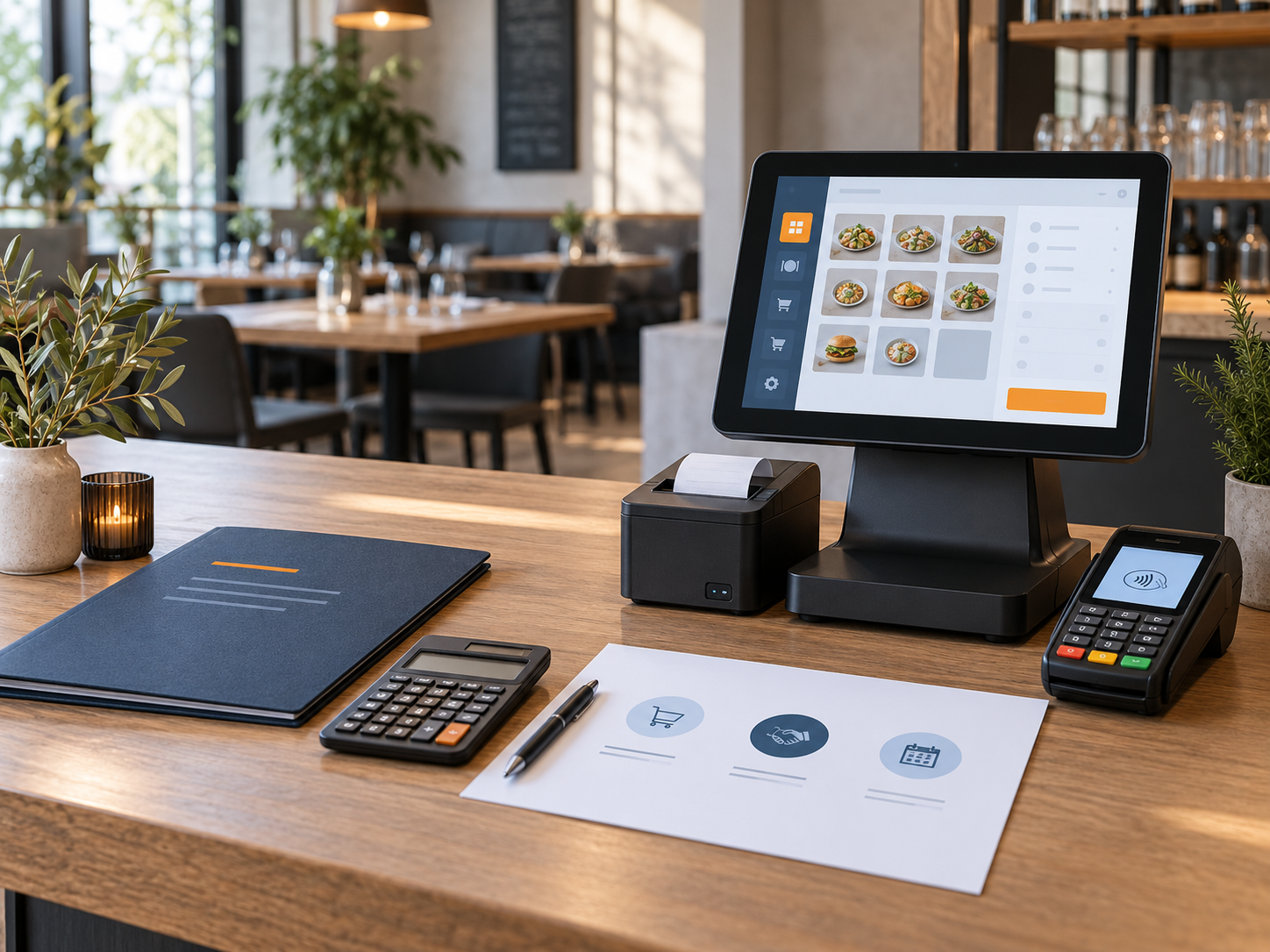 Modernes Kassensystem mit Kartenterminal, Angebotsmappe und Kalkulation zur Finanzierungsberatung